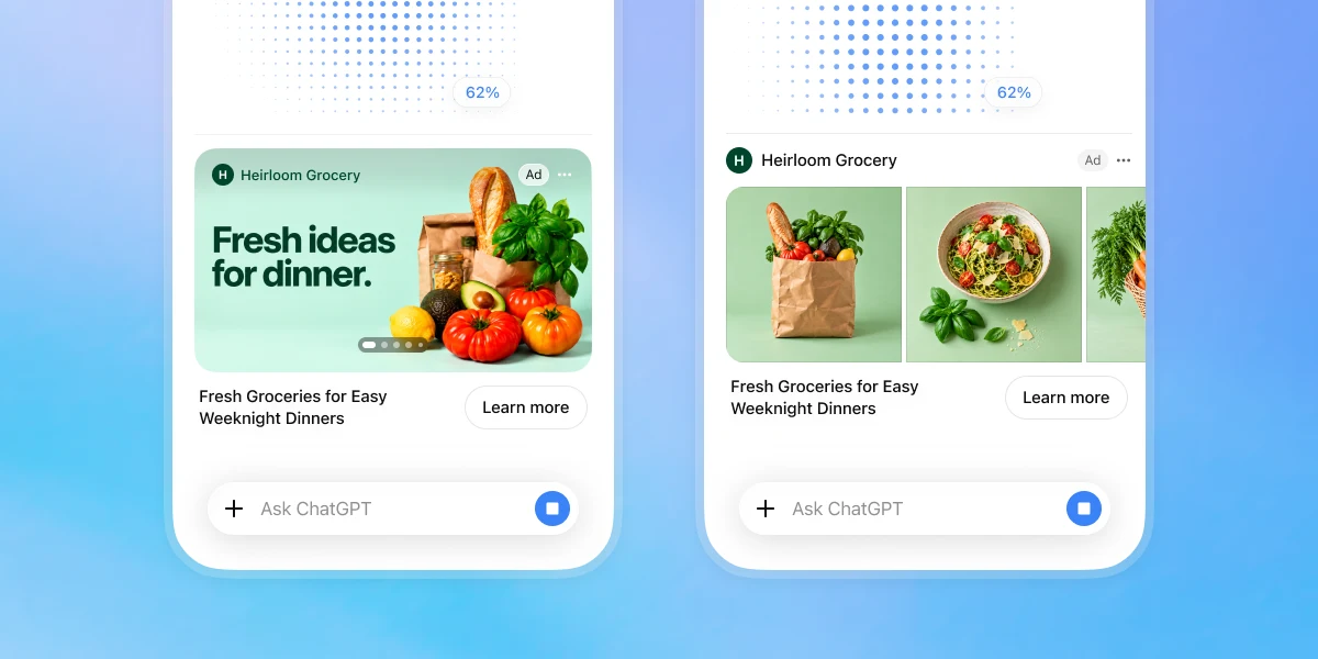 Two ChatGPT mobile screens show Heirloom Grocery visual ads with product images and Learn more buttons during image generation.